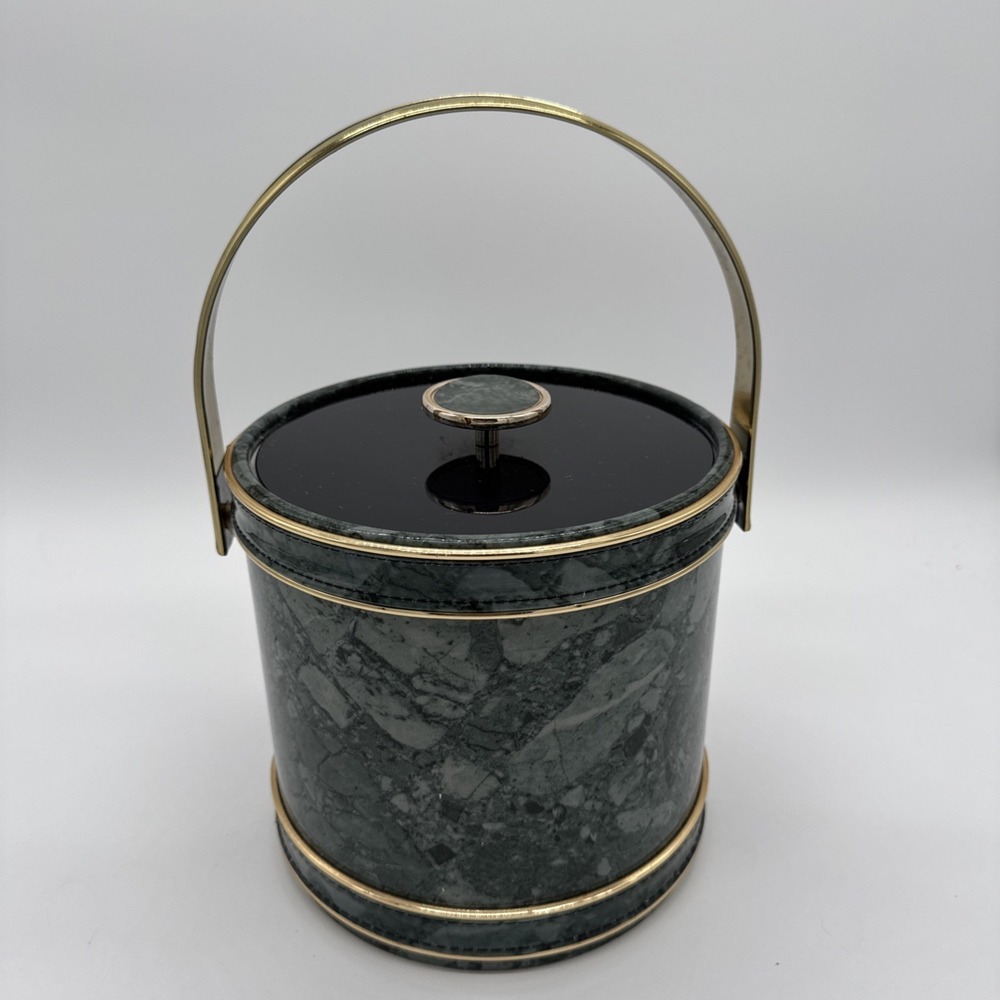Vintage Ice Bucket‎ - Green Faux Marble Look Gold Trim W/ Scoop